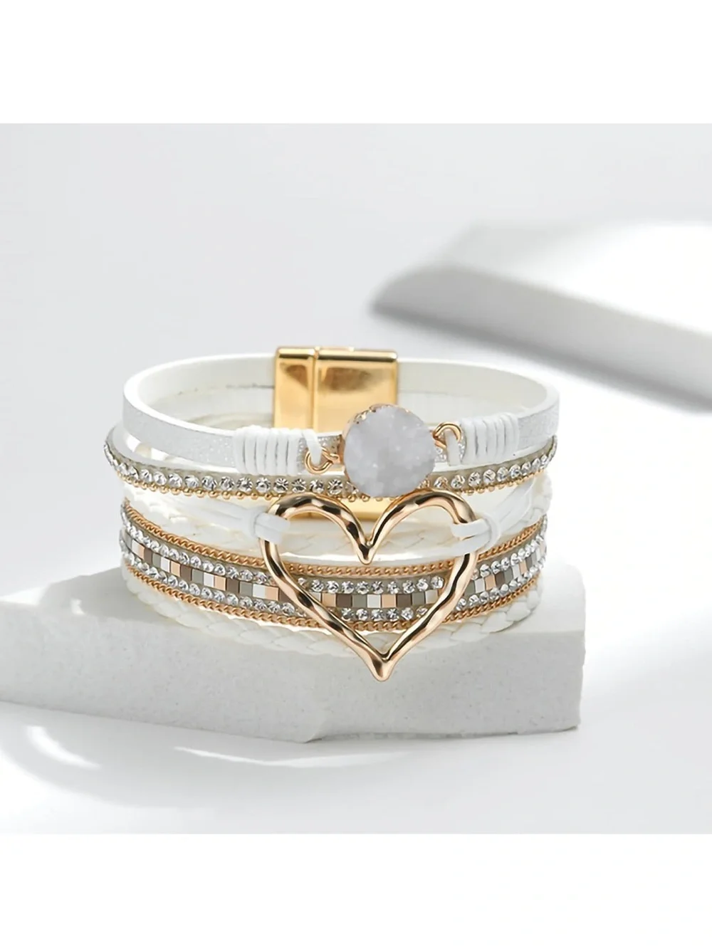 Anthropologie White and Gold Multi-Strand Heart & Druzy Wrap Bracelet
